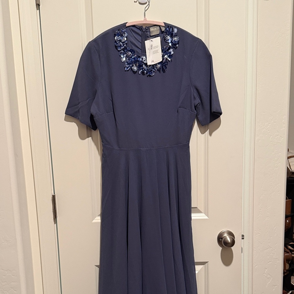 ASOS Blue Midi Dress with Floral Neckline